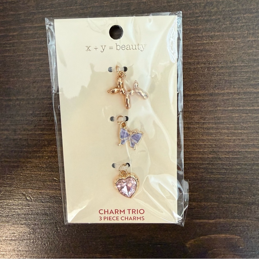 Gold Charm Trio Necklace Pendant Set with Lilac Butterfly and Pink Heart NEW